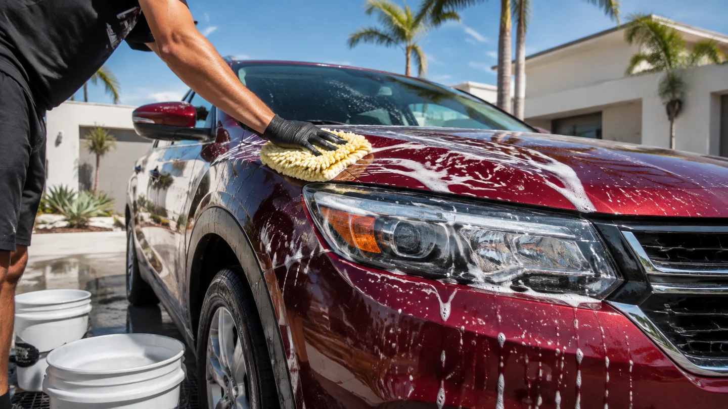 Outdoor mobile vehicle care in bright daylight