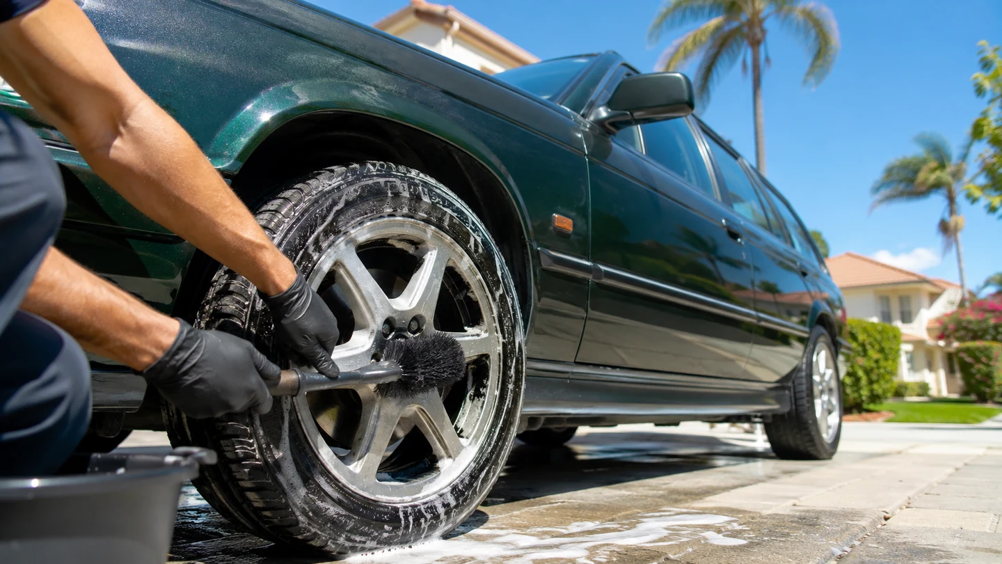 Outdoor mobile vehicle care in bright daylight