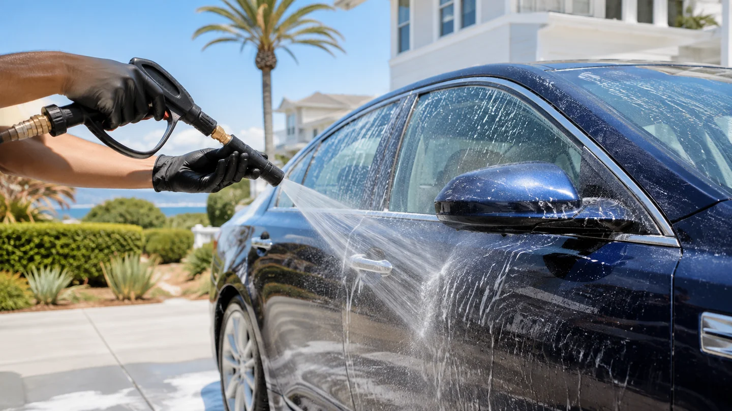 Outdoor mobile vehicle care in bright daylight