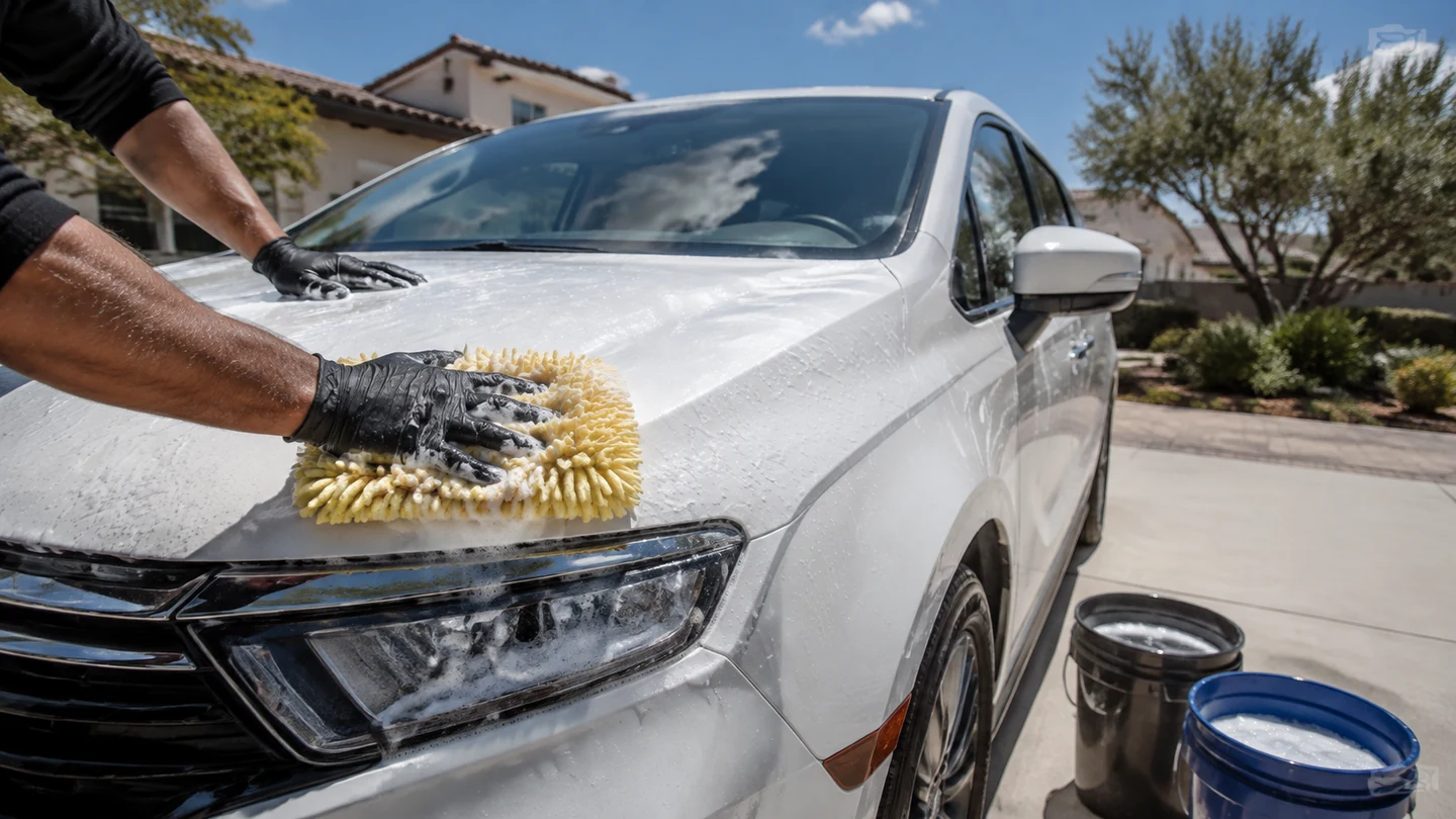 Outdoor mobile vehicle care in bright daylight
