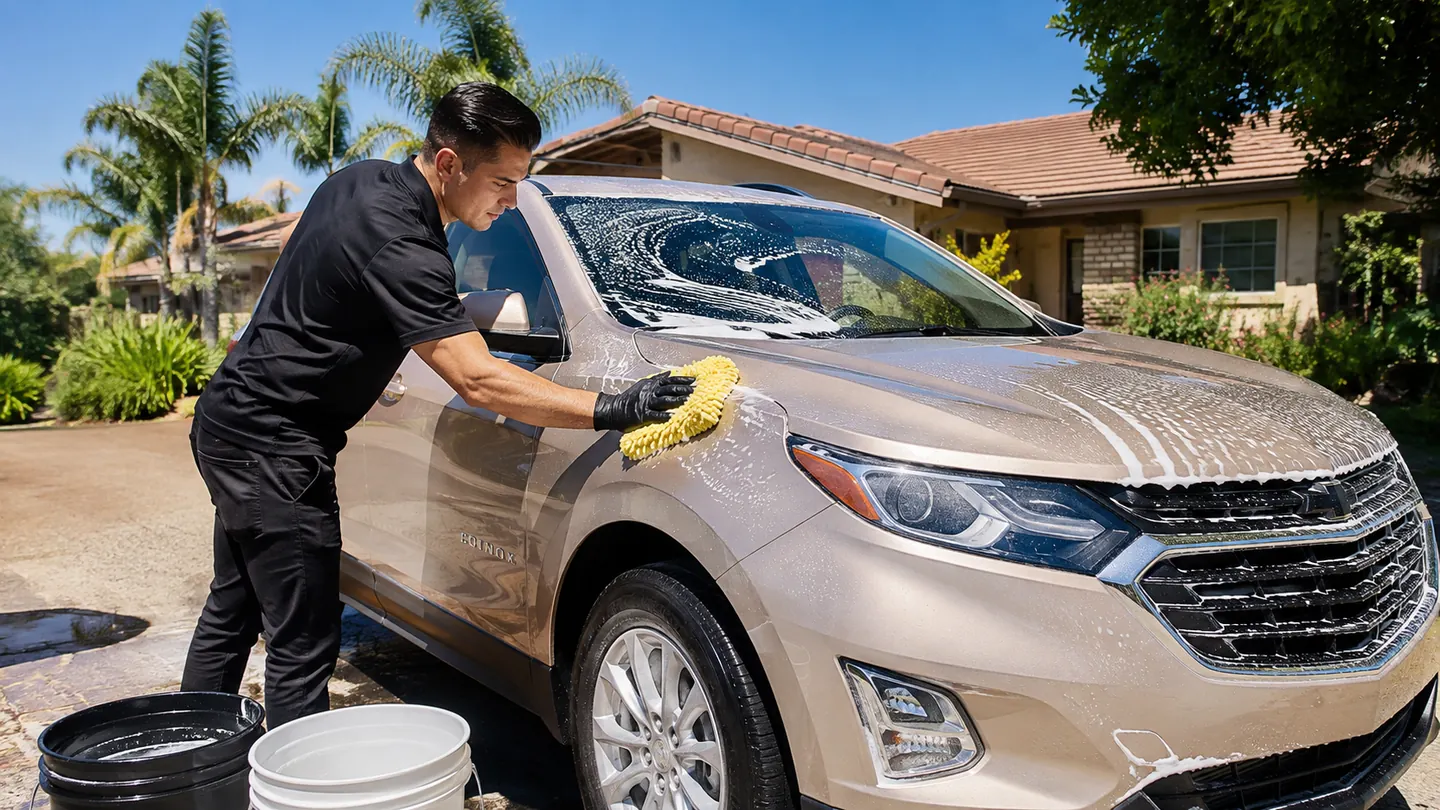 Outdoor mobile vehicle care in bright daylight