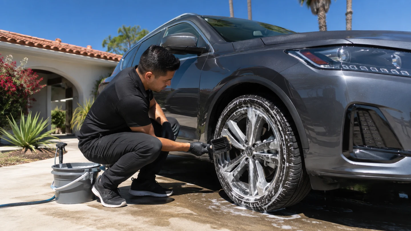 Outdoor mobile vehicle care in bright daylight