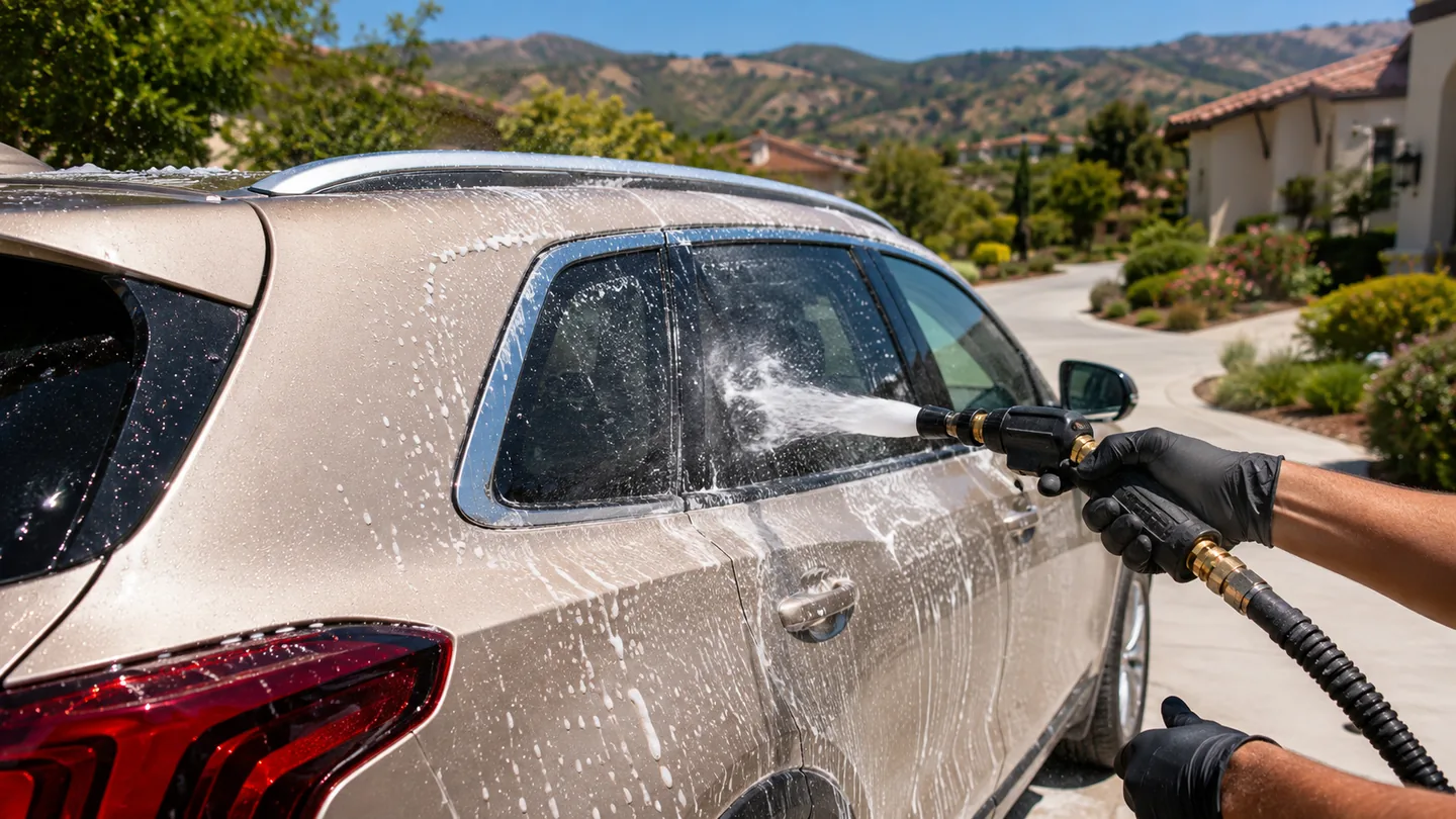 Outdoor mobile vehicle care in bright daylight