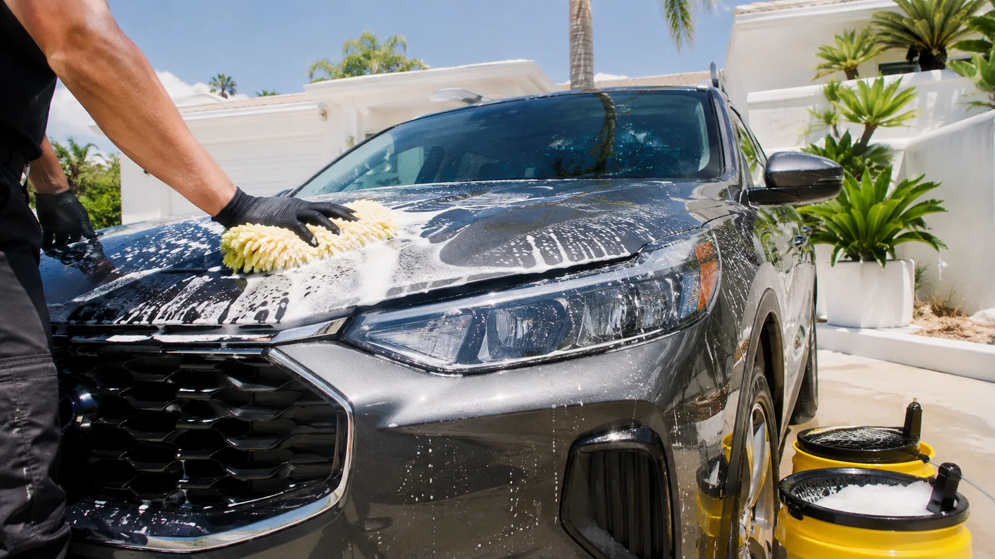Outdoor mobile vehicle care in bright daylight