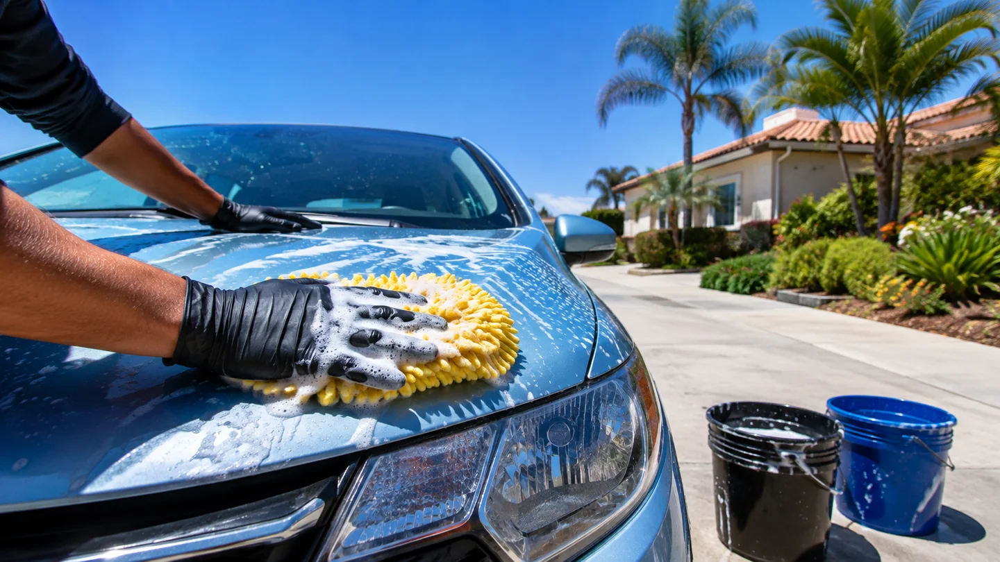 Outdoor mobile vehicle care in bright daylight