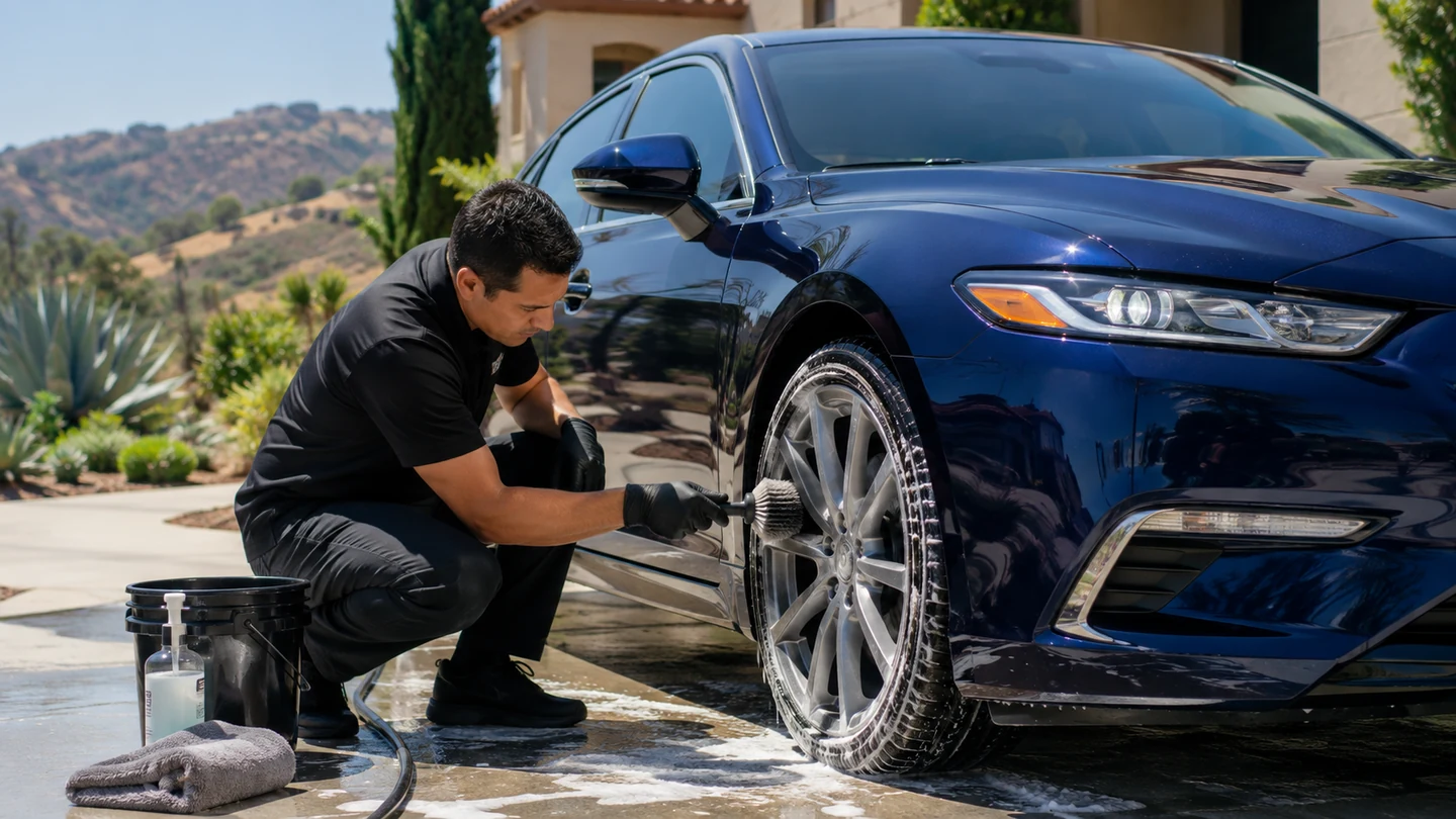 Outdoor mobile vehicle care in bright daylight