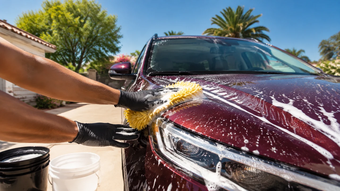 Outdoor mobile vehicle care in bright daylight