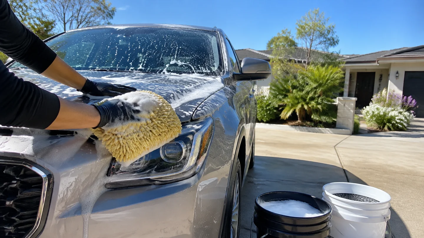 Outdoor mobile vehicle care in bright daylight