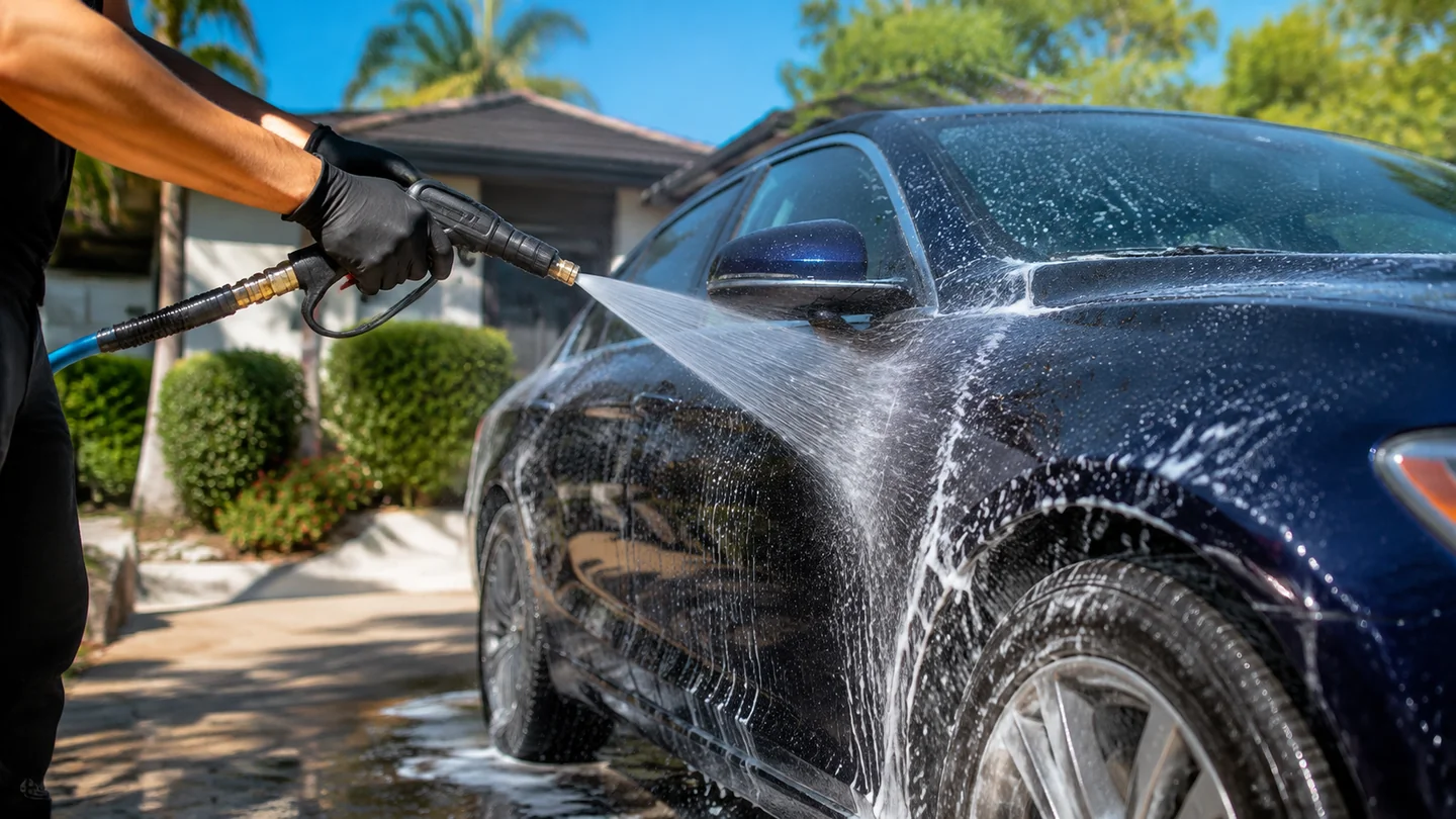 Outdoor mobile vehicle care in bright daylight
