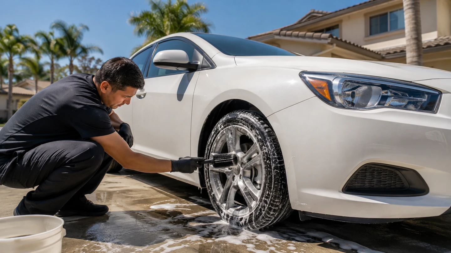 Outdoor mobile vehicle care in bright daylight