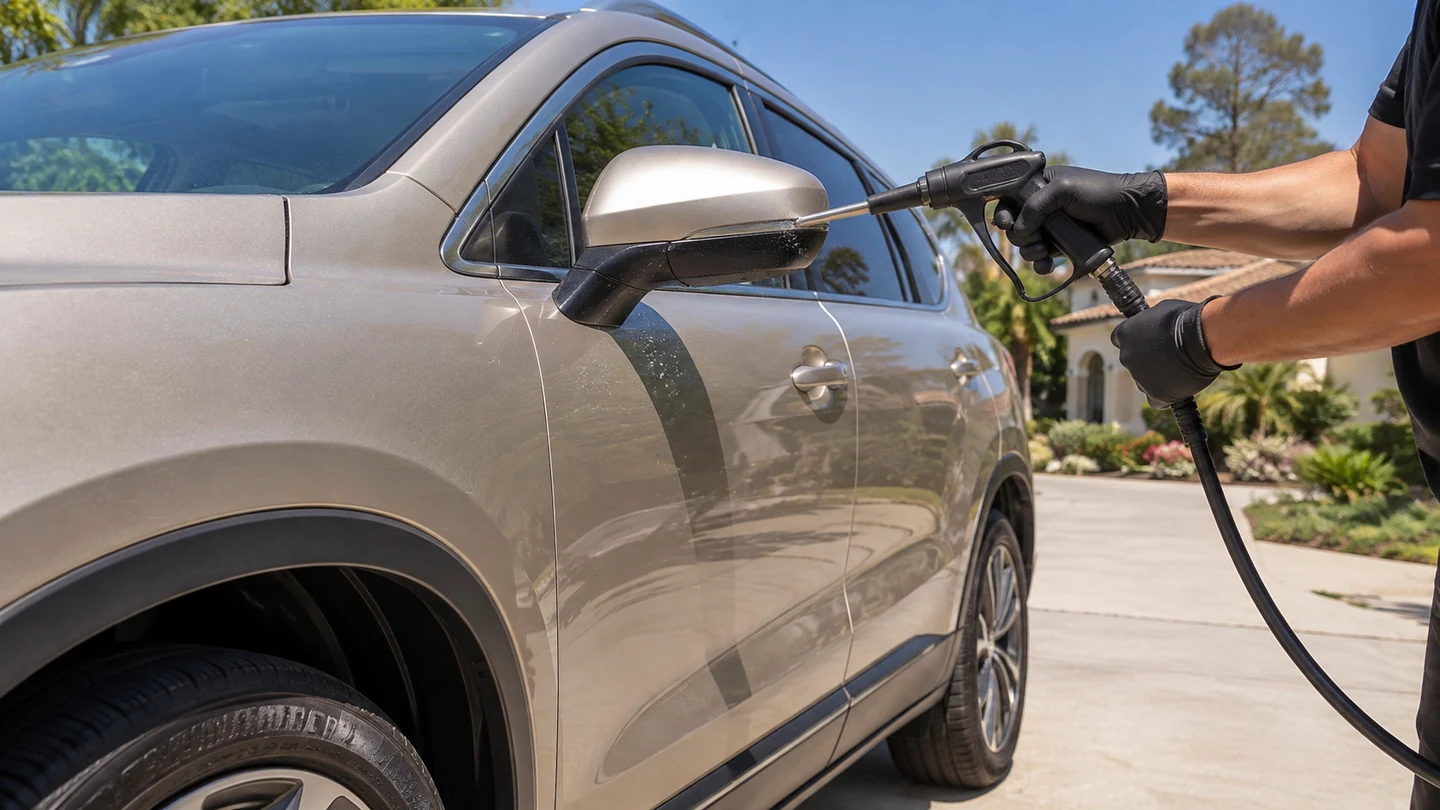 Outdoor mobile vehicle care in bright daylight