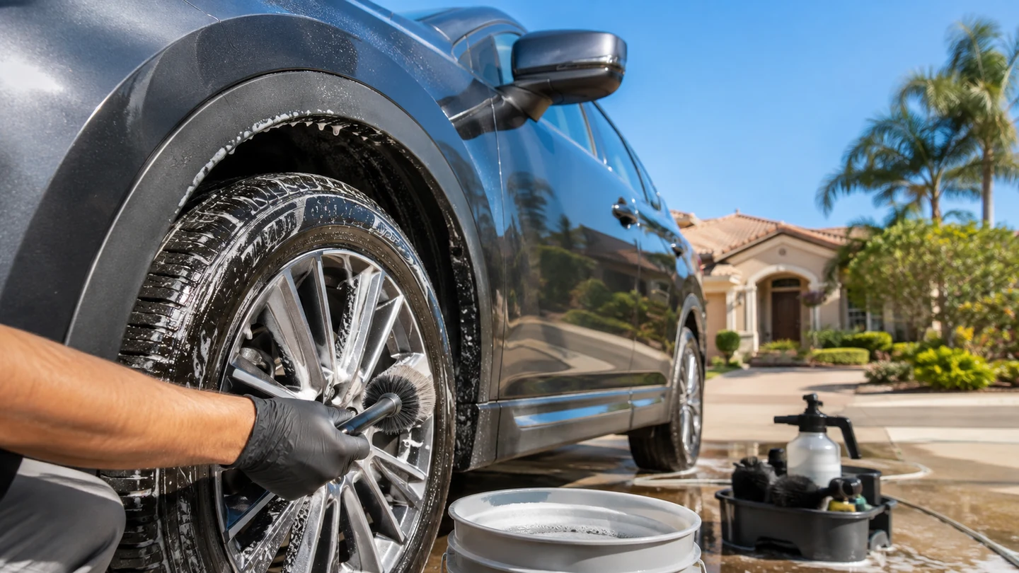 Outdoor mobile vehicle care in bright daylight