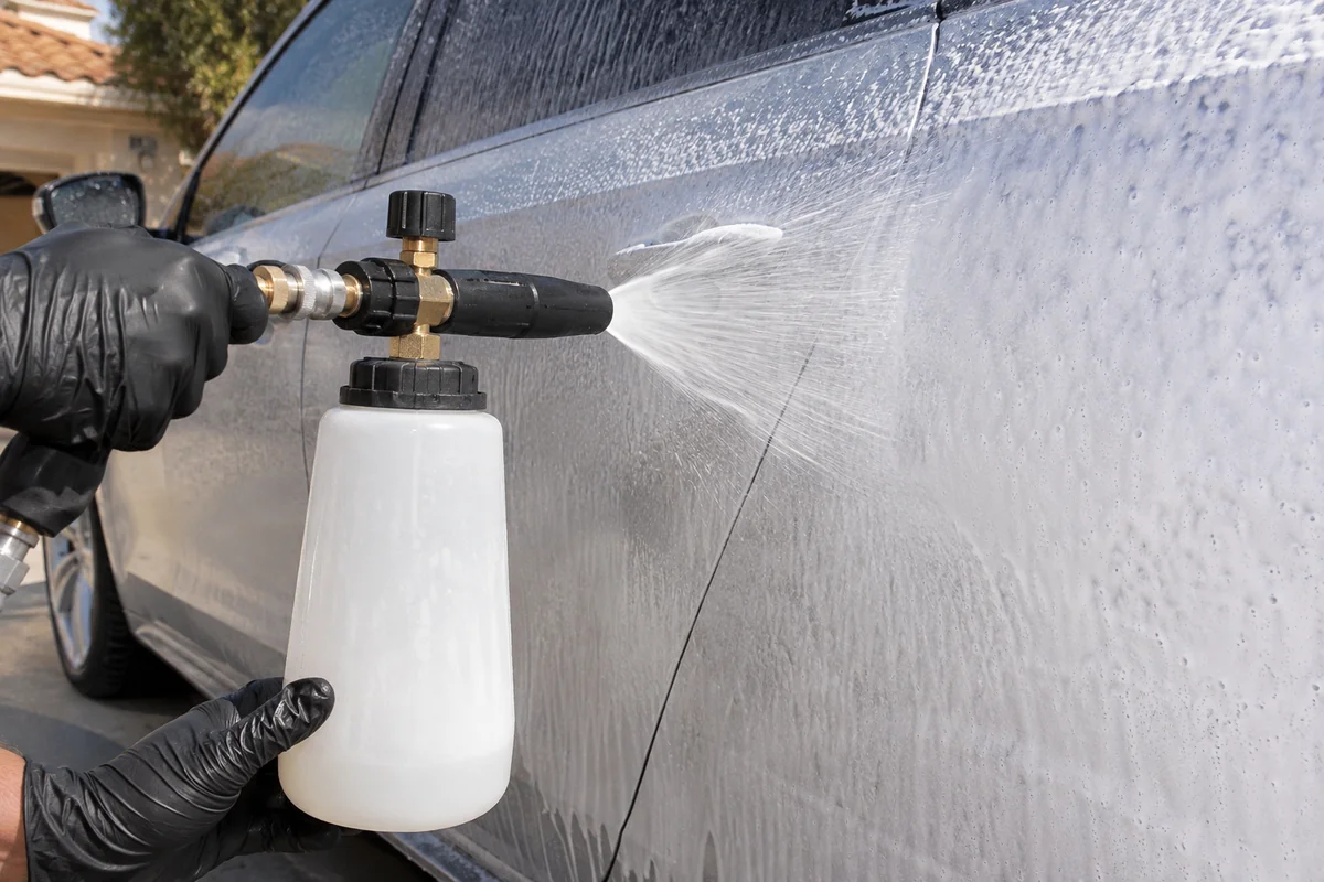 Close-up of vehicle care during outdoor mobile detailing
