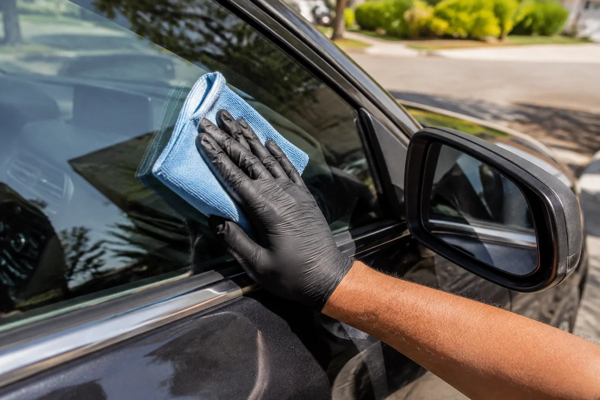 Close-up of vehicle care during outdoor mobile detailing