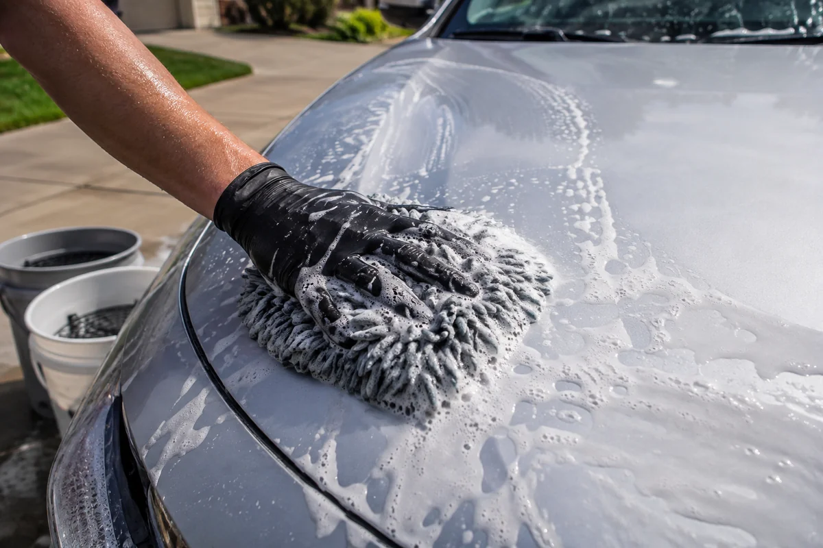 Close-up of vehicle care during outdoor mobile detailing