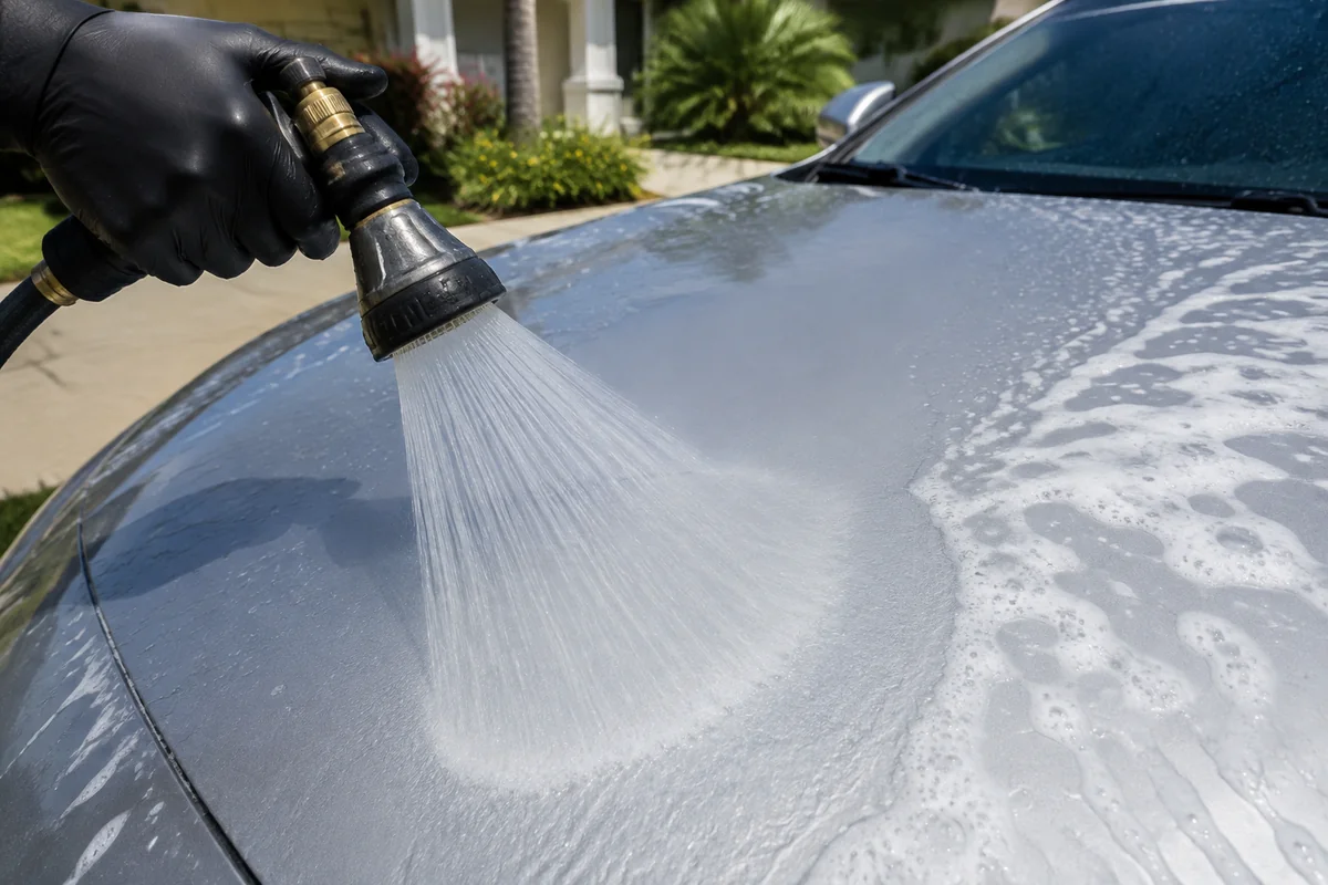 Close-up of vehicle care during outdoor mobile detailing