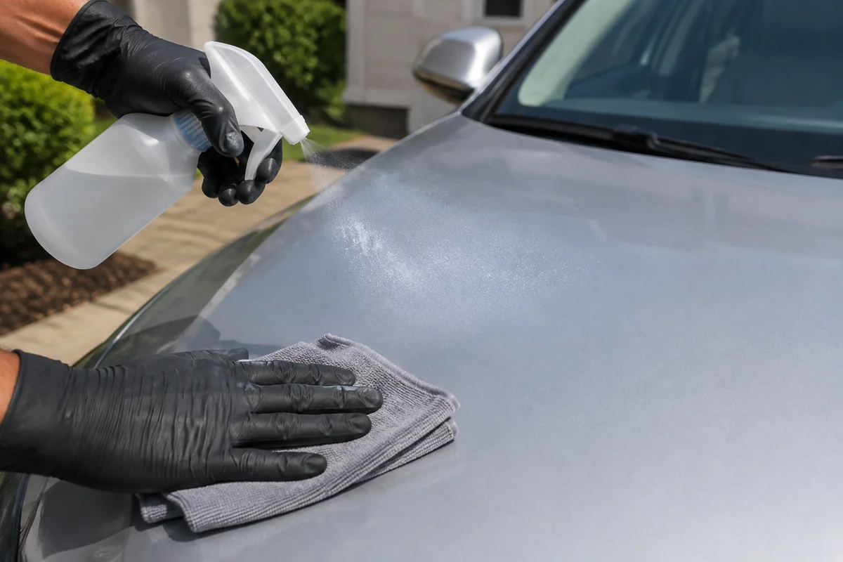 Close-up of vehicle care during outdoor mobile detailing