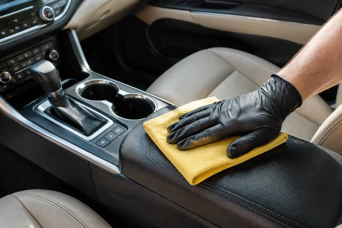 Hands carefully cleaning a vehicle interior