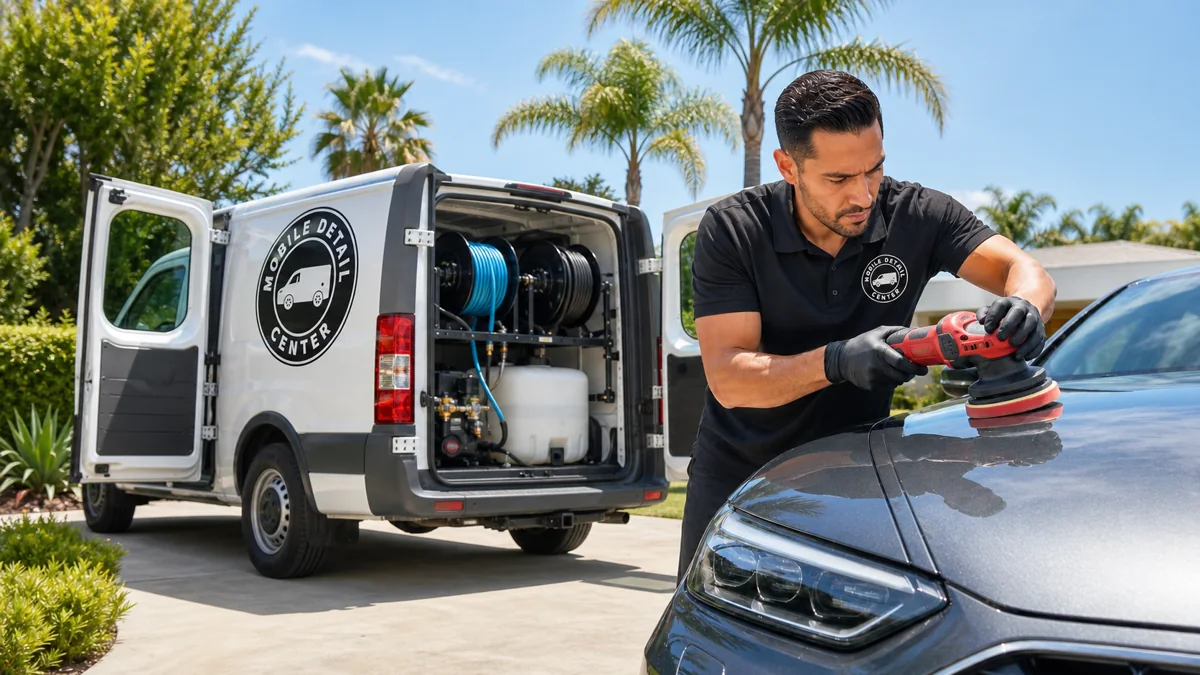 Equipped MDC van with hose reels and water tank beside a technician polishing outdoors