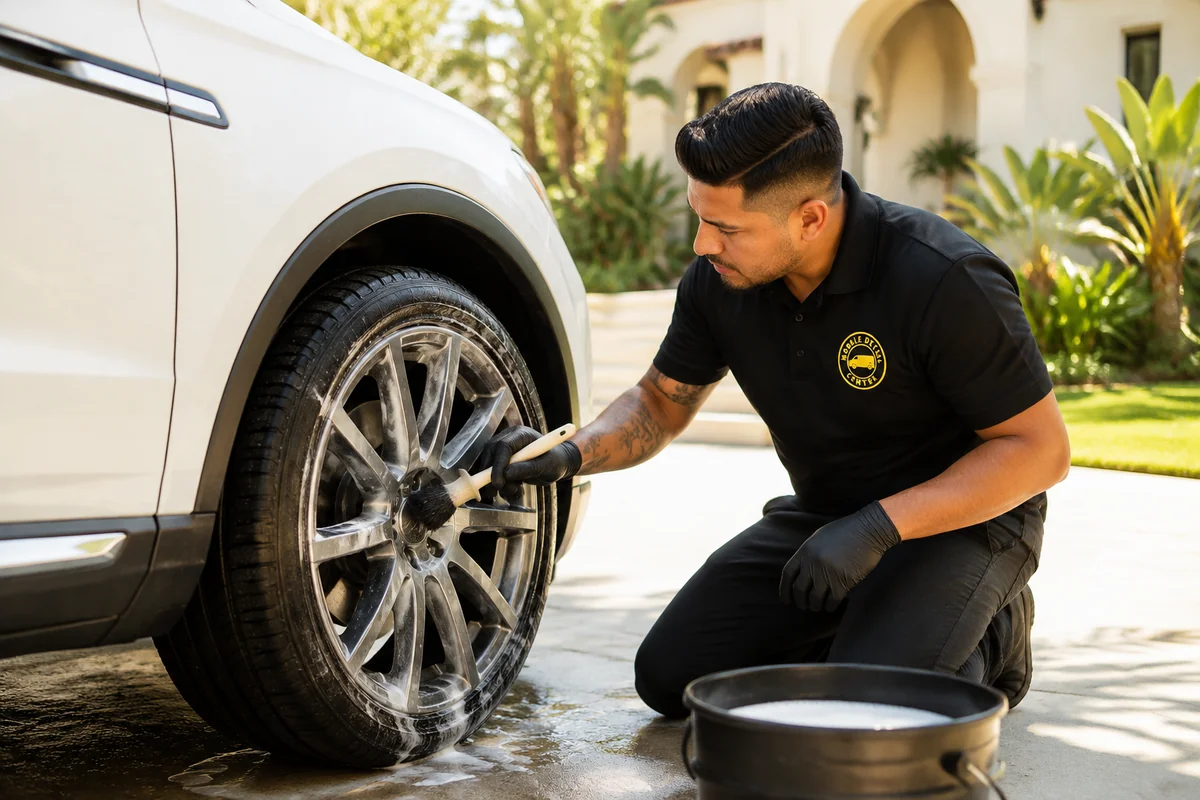 Technician brushing a vehicle wheel on a sunny driveway